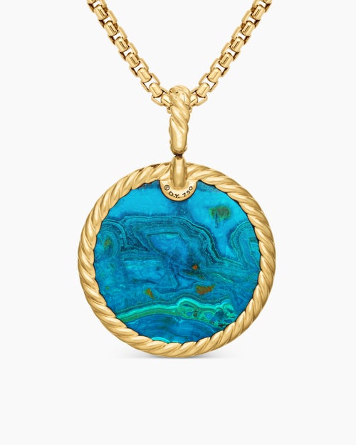 Womens Limited DY Elements® Disc Pendant in 18K Yellow Gold with Chrysocolla and Diamonds, 24mm