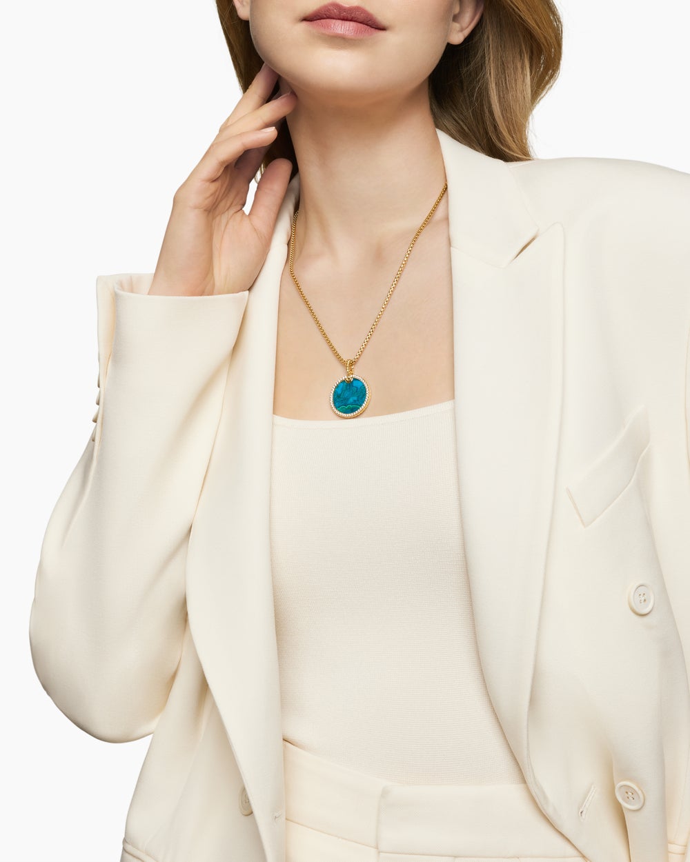 Womens Limited DY Elements® Disc Pendant in 18K Yellow Gold with Chrysocolla and Diamonds, 24mm