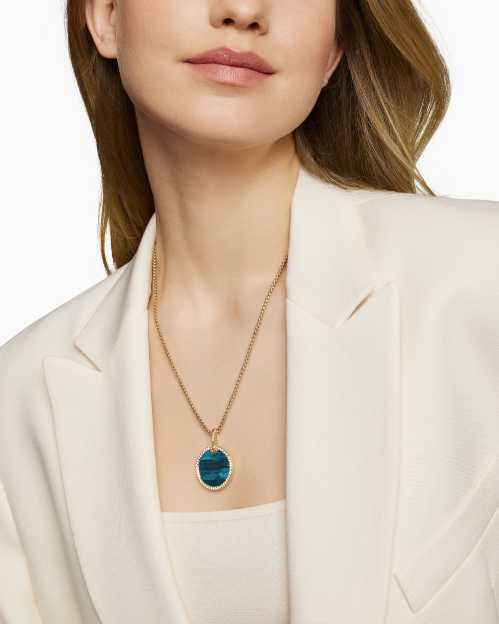 Womens Limited DY Elements® Disc Pendant in 18K Yellow Gold with Chrysocolla and Diamonds, 24mm