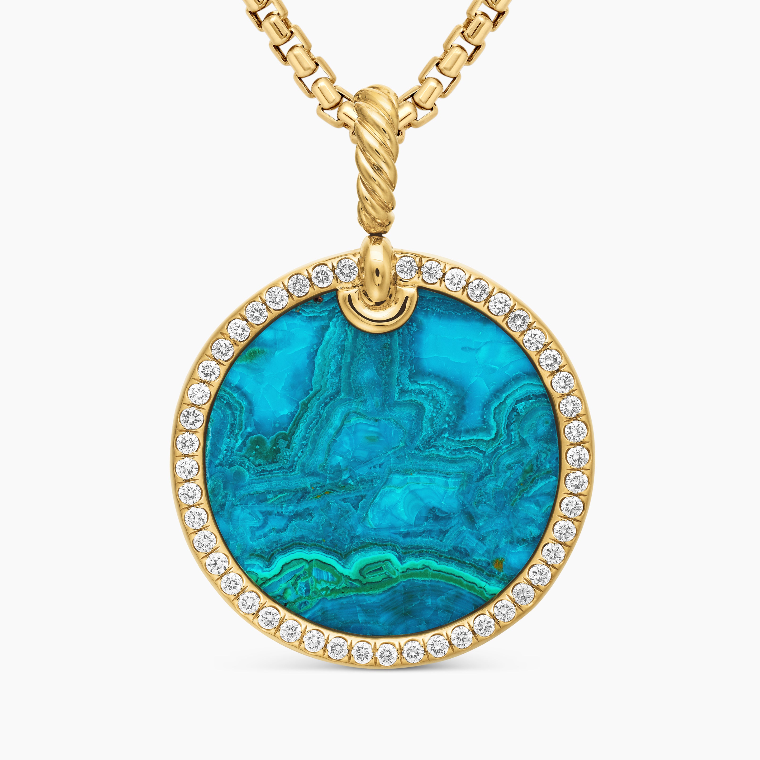Womens Limited DY Elements&reg; Disc Pendant in 18K Yellow Gold with Chrysocolla and Diamonds, 24mm