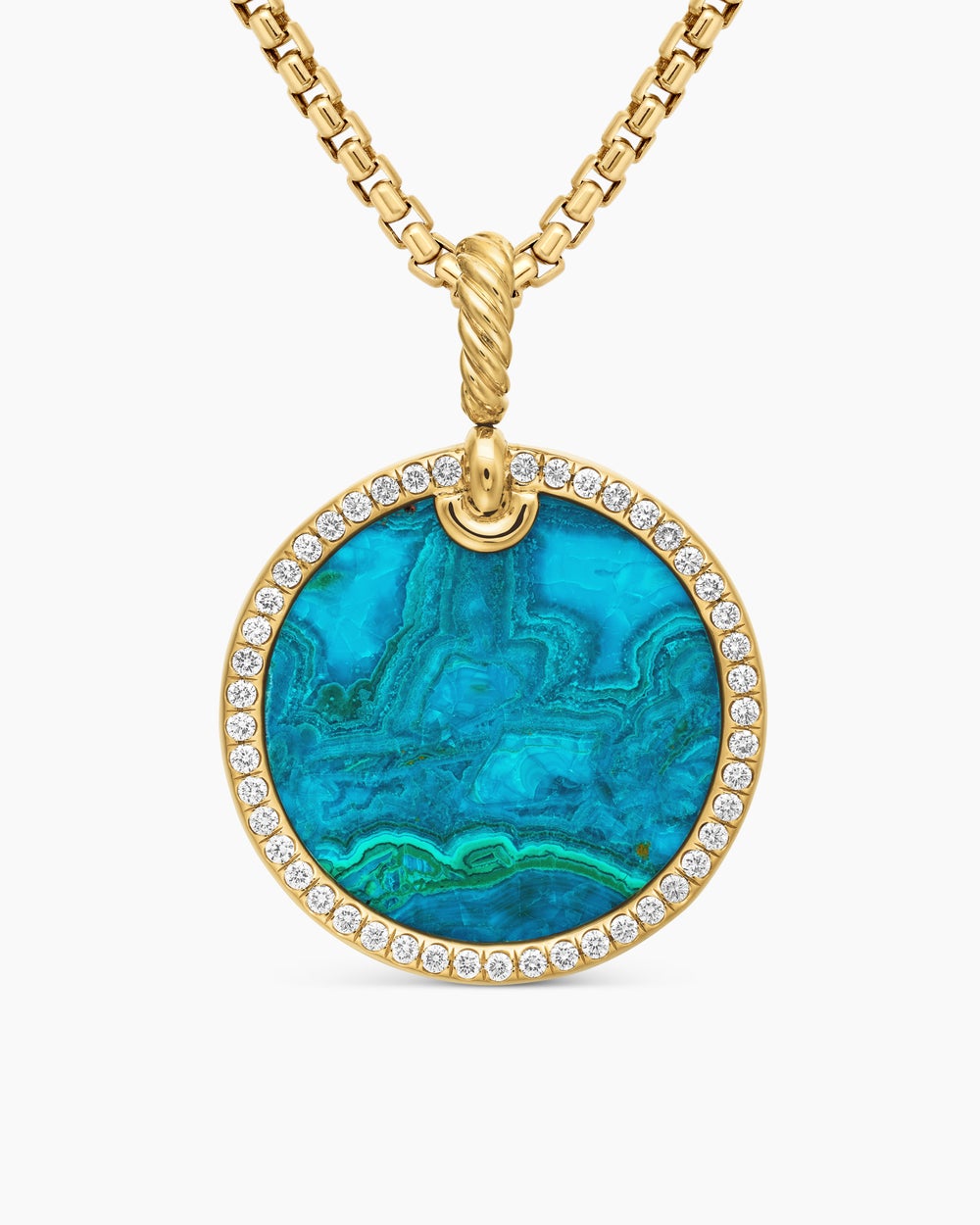 Womens Limited DY Elements® Disc Pendant in 18K Yellow Gold with Chrysocolla and Diamonds, 24mm