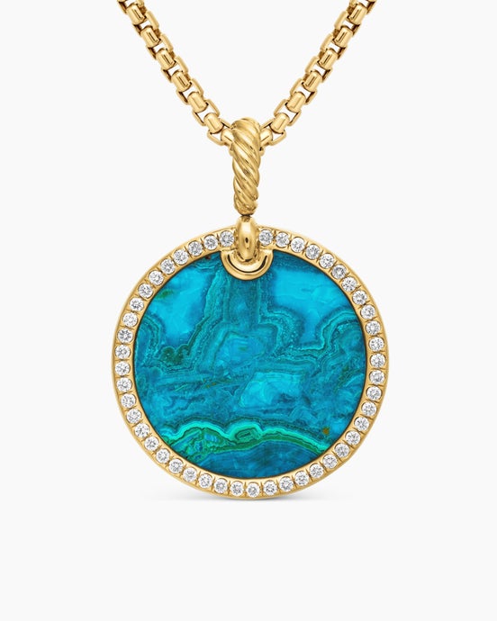 Limited DY Elements® Disc Pendant in 18K Yellow Gold with Chrysocolla and Diamonds, 24mm