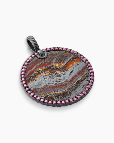 Limited DY Elements® Disc Pendant in Blackened Silver with Tiger Iron and Pavé Purple Rubies, 32mm