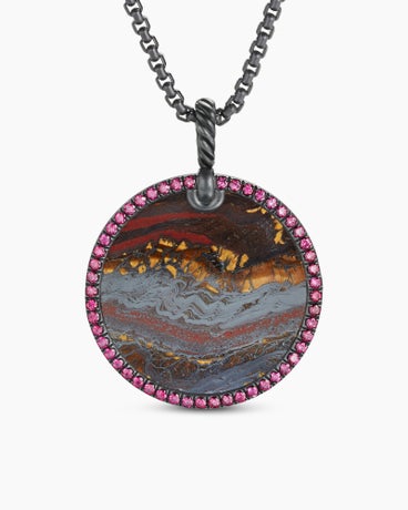 Limited DY Elements® Disc Pendant in Blackened Silver with Tiger Iron and Pavé Purple Rubies, 32mm