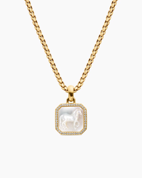 Amulette cheval Petrvs® en or jaune 18 carats avec nacre et diamants, 19,6 mm