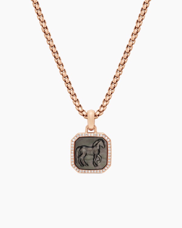 Petrvs® Horse Amulet in 18K Rose Gold with Black Mother of Pearl and Diamonds, 16.4mm