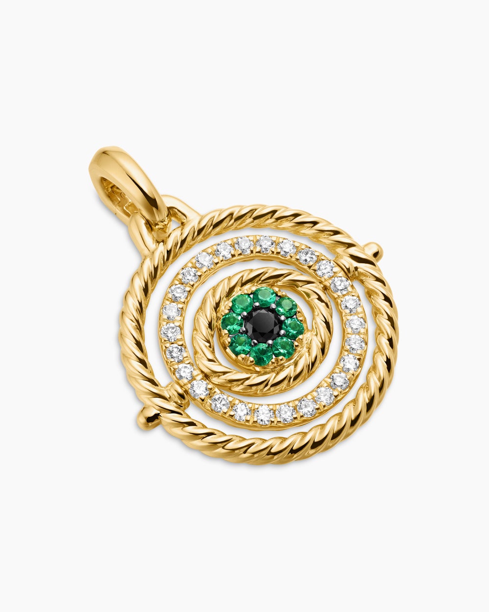 Womens Evil Eye Mobile Amulet in 18K Yellow Gold with Pavé Emeralds and Diamonds, 20.5mm