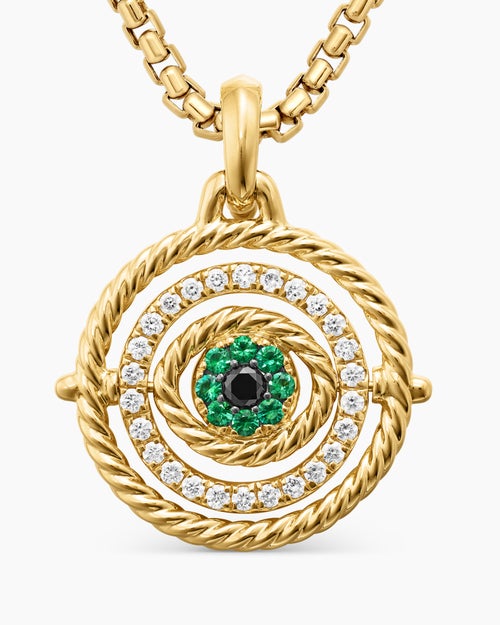 Womens Evil Eye Mobile Amulet in 18K Yellow Gold with Pavé Emeralds and Diamonds, 20.5mm