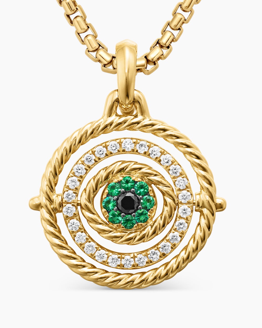 Womens Evil Eye Mobile Amulet in 18K Yellow Gold with Pavé Emeralds and Diamonds, 20.5mm