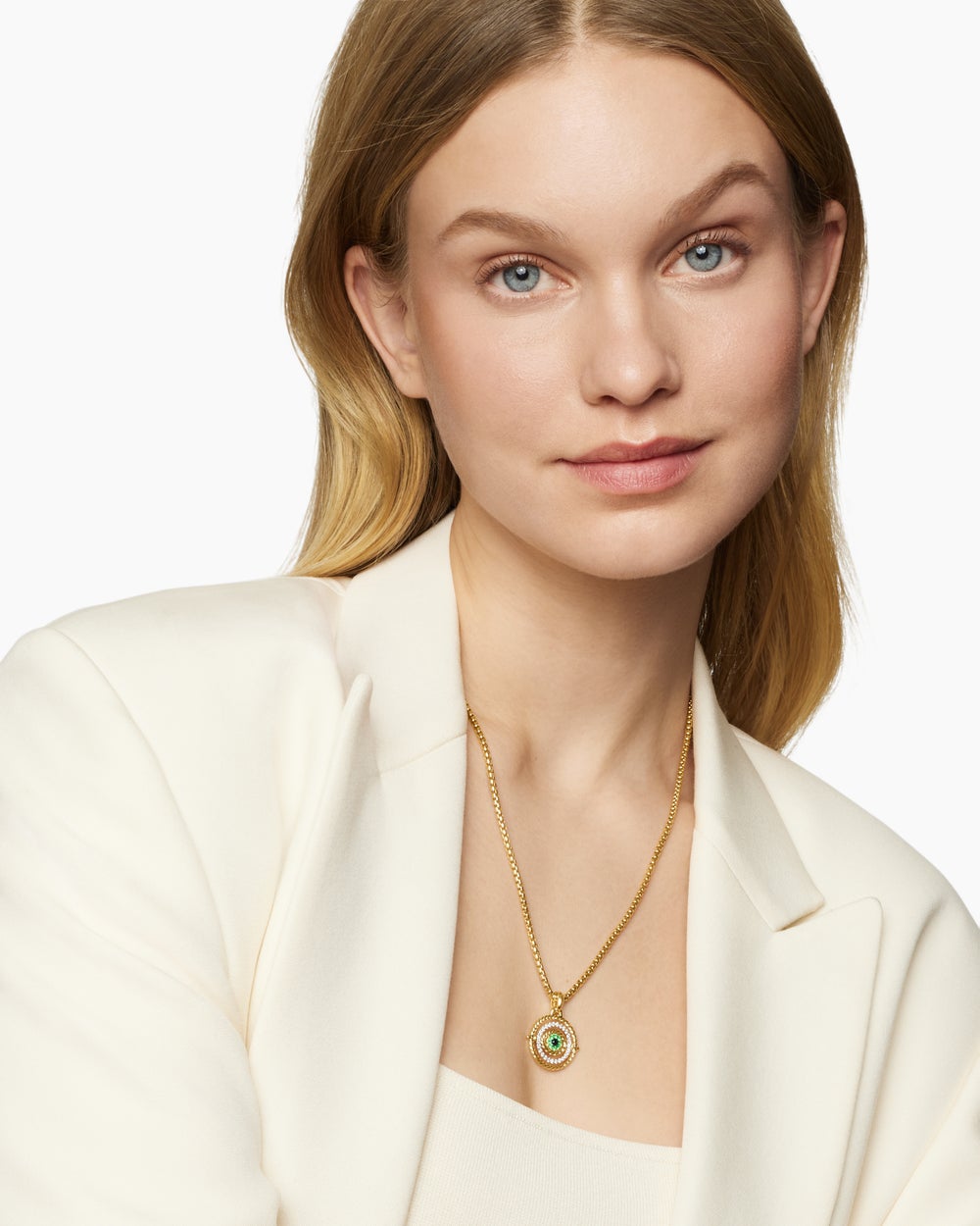 Womens Evil Eye Mobile Amulet in 18K Yellow Gold with Pavé Emeralds and Diamonds, 20.5mm
