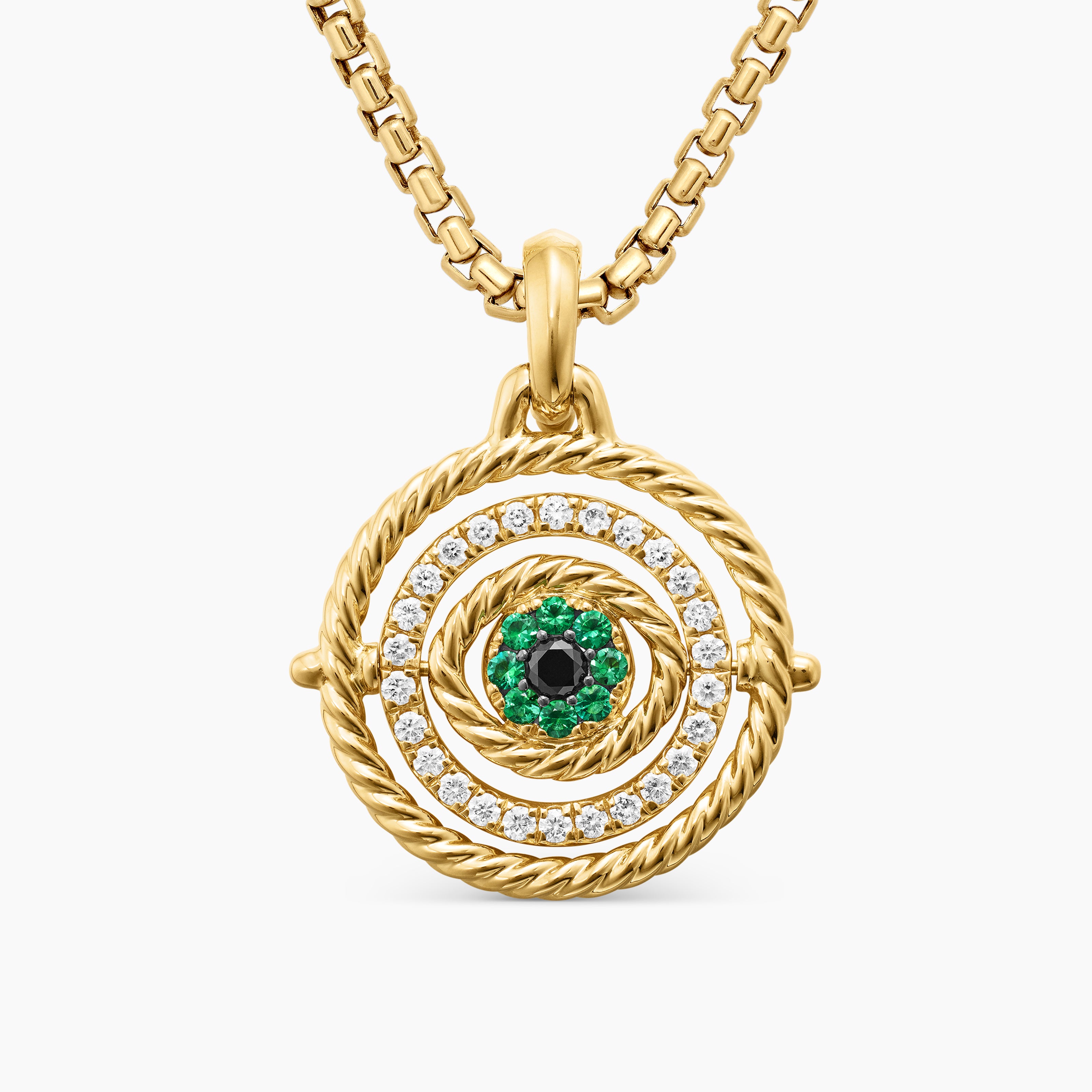 Womens Evil Eye Mobile Amulet in 18K Yellow Gold with Pav&eacute; Emeralds and Diamonds, 20.5mm