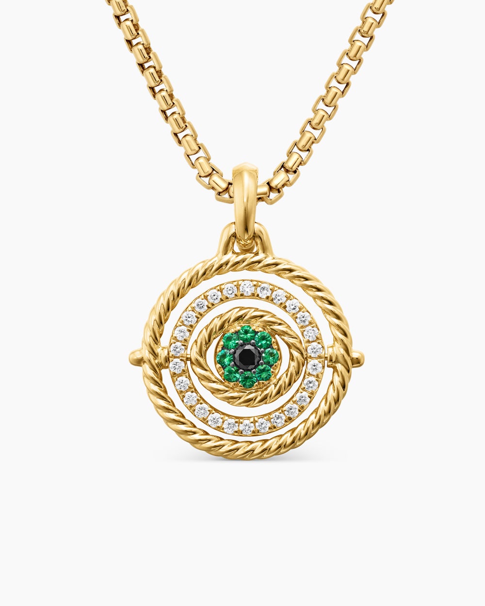 Womens Evil Eye Mobile Amulet in 18K Yellow Gold with Pavé Emeralds and Diamonds, 20.5mm
