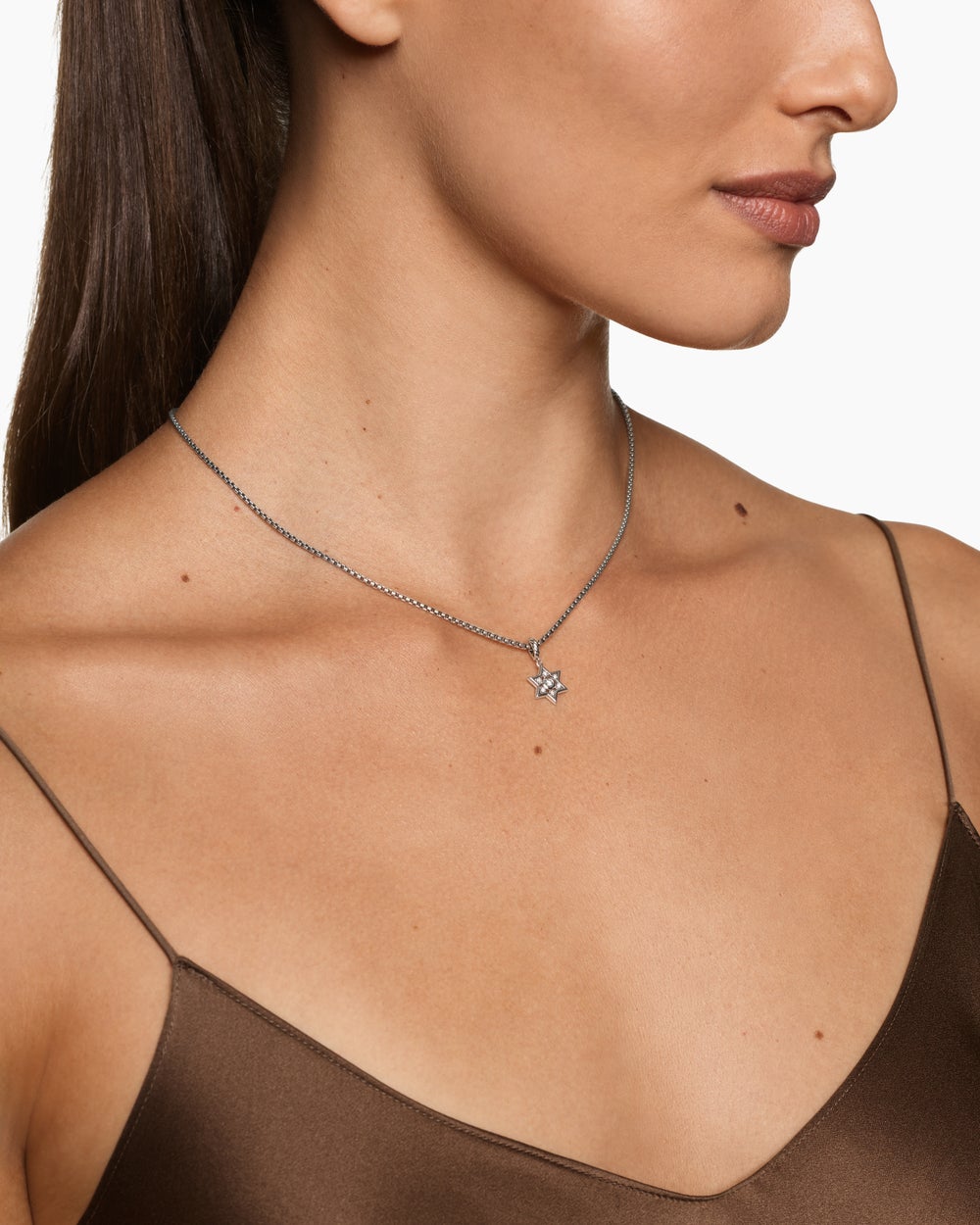 Womens Petite Star of David Pendant in Sterling Silver with Diamonds, 12mm