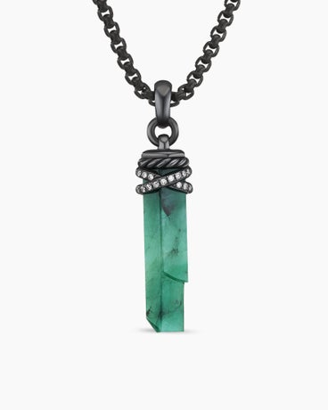 Wrapped Crystal Amulet in Emerald Crystal with Blackened Silver and Diamonds, 46mm