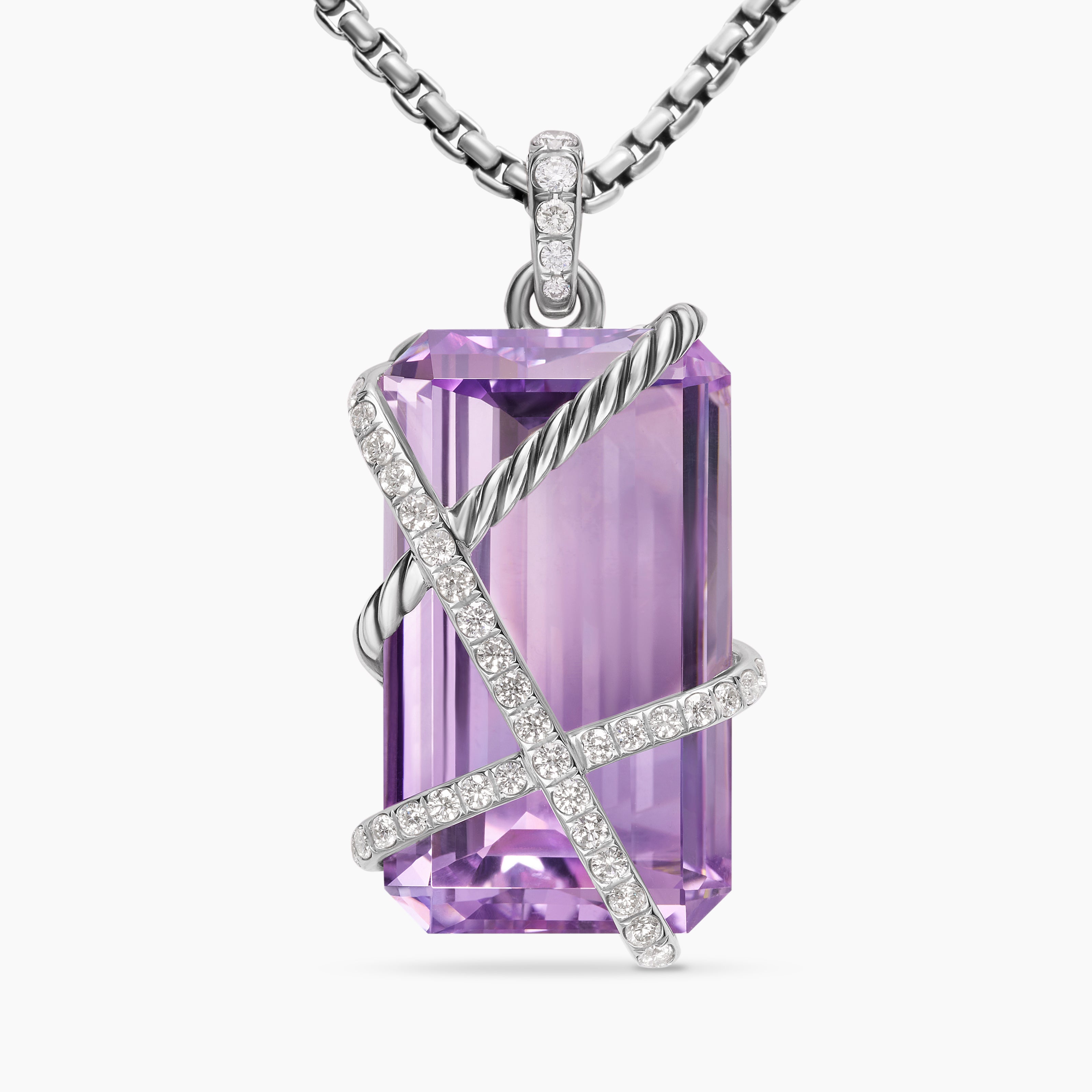 Womens Cable Wrap Amulet in Sterling Silver with Lavender Amethyst and Diamonds, 32mm