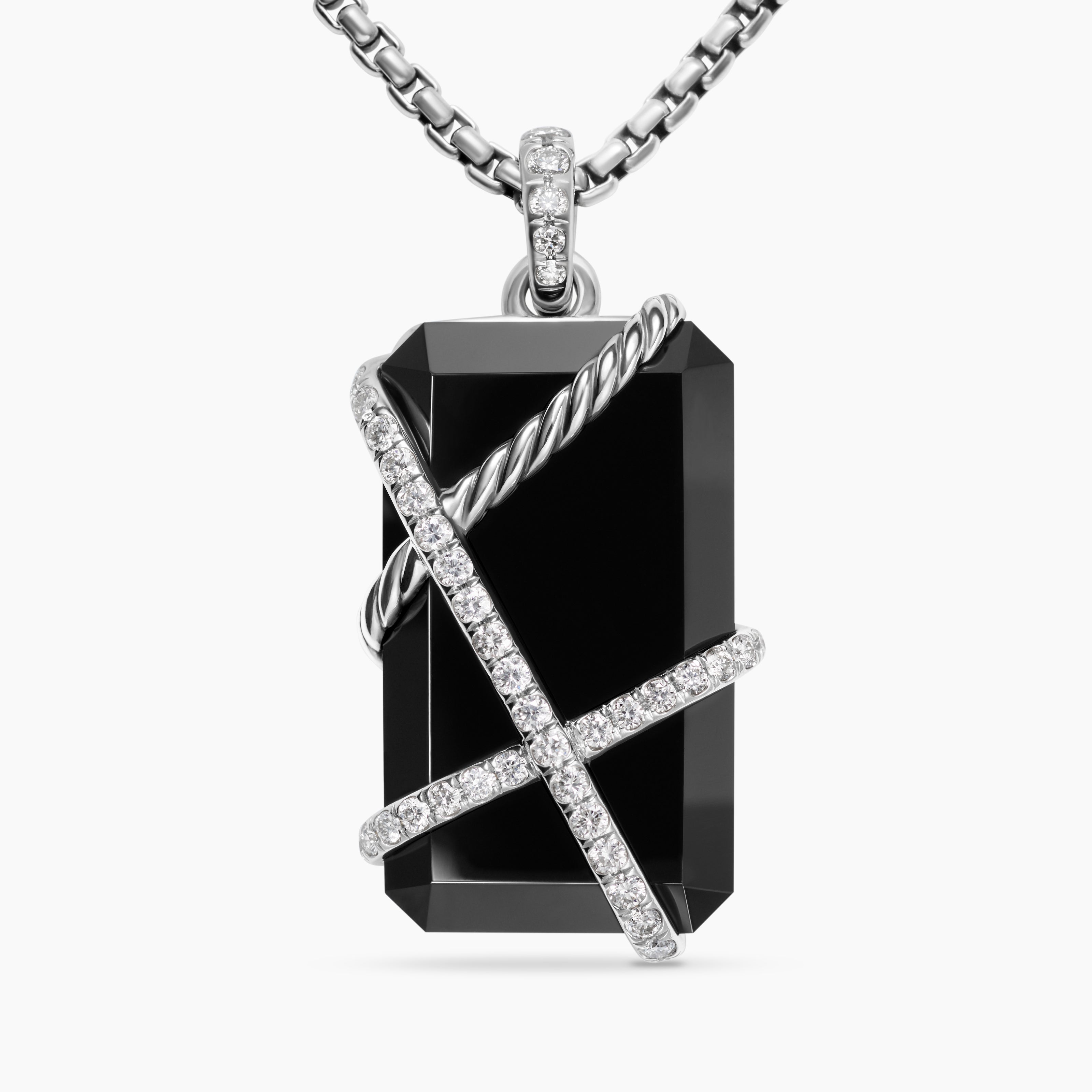 Womens Cable Wrap Amulet in Sterling Silver with Black Onyx and Diamonds, 32mm