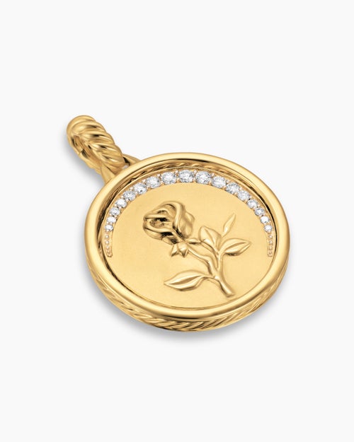 Womens Rose and Thorn Duality Pendant in 18K Yellow Gold with Dark Green Enamel and Diamonds, 22.3mm