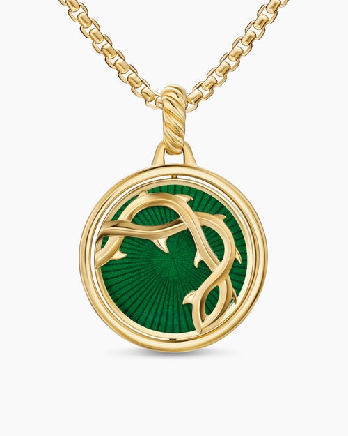Womens Rose and Thorn Duality Pendant in 18K Yellow Gold with Dark Green Enamel and Diamonds, 22.3mm