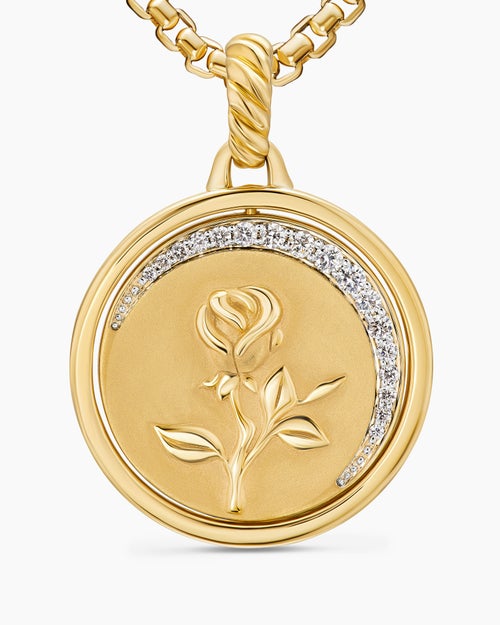 Womens Rose and Thorn Duality Pendant in 18K Yellow Gold with Dark Green Enamel and Diamonds, 22.3mm
