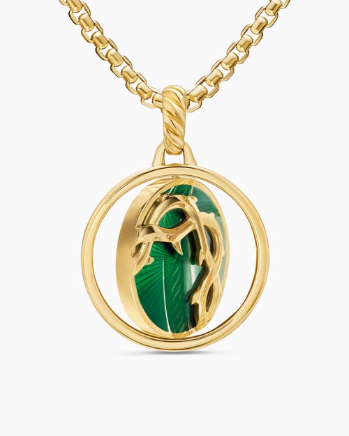 Womens Rose and Thorn Duality Pendant in 18K Yellow Gold with Dark Green Enamel and Diamonds, 22.3mm