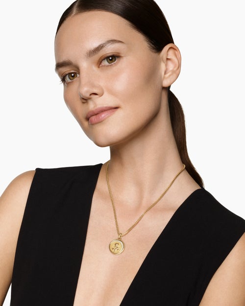 Womens Rose and Thorn Duality Pendant in 18K Yellow Gold with Dark Green Enamel and Diamonds, 22.3mm