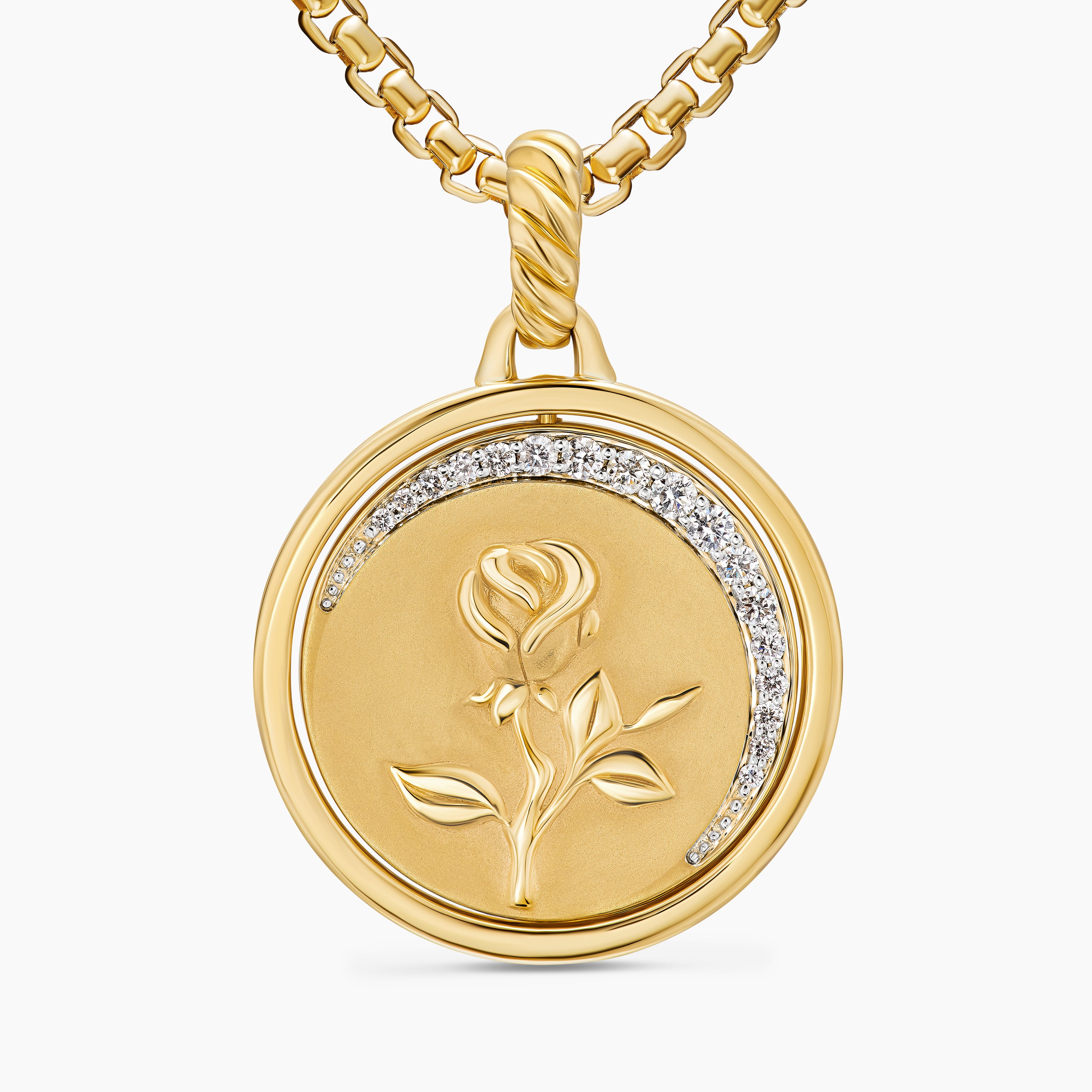 Womens Rose and Thorn Duality Pendant in 18K Yellow Gold with Dark Green Enamel and Diamonds, 22.3mm