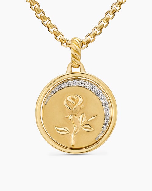 Womens Rose and Thorn Duality Pendant in 18K Yellow Gold with Dark Green Enamel and Diamonds, 22.3mm
