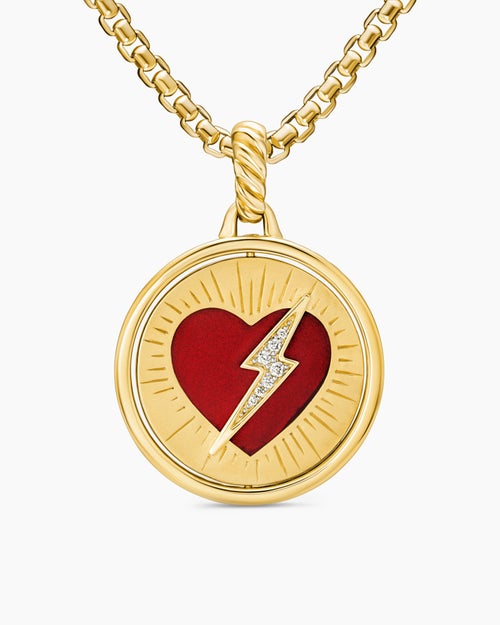 Womens Peace and Passion Duality Pendant in 18K Yellow Gold with Red Enamel and Diamonds, 22.3mm