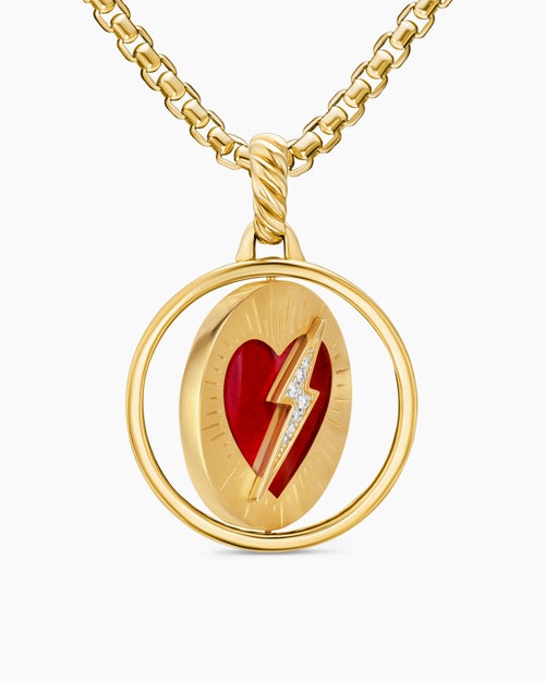 Womens Peace and Passion Duality Pendant in 18K Yellow Gold with Red Enamel and Diamonds, 22.3mm