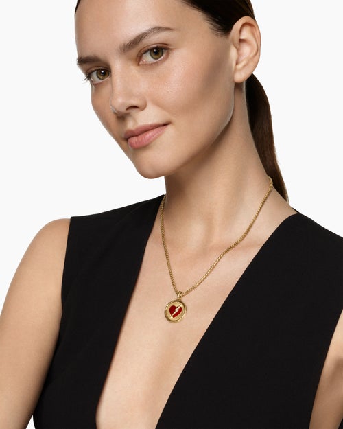 Womens Peace and Passion Duality Pendant in 18K Yellow Gold with Red Enamel and Diamonds, 22.3mm