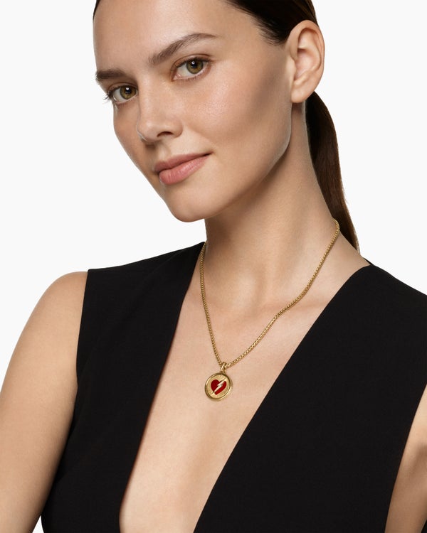 Peace and Passion Duality Pendant in 18K Yellow Gold with Red Enamel and Diamonds, 22.3mm