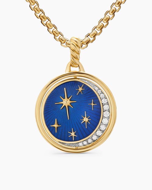 Womens Sun and Moon Duality Pendant in 18K Yellow Gold with Navy Enamel and Diamonds, 22.3mm