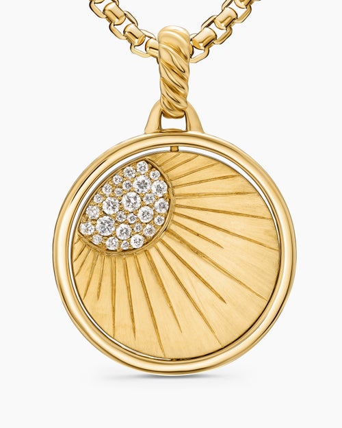 Womens Sun and Moon Duality Pendant in 18K Yellow Gold with Navy Enamel and Diamonds, 22.3mm