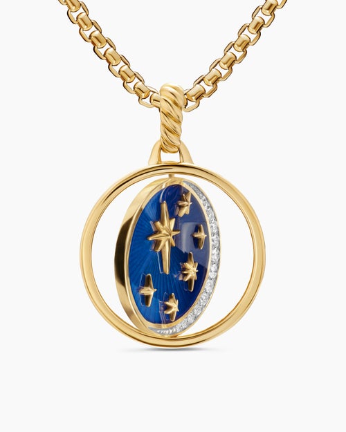 Womens Sun and Moon Duality Pendant in 18K Yellow Gold with Navy Enamel and Diamonds, 22.3mm