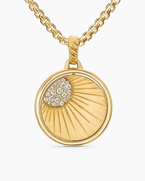 Womens Sun and Moon Duality Pendant in 18K Yellow Gold with Navy Enamel and Diamonds, 22.3mm