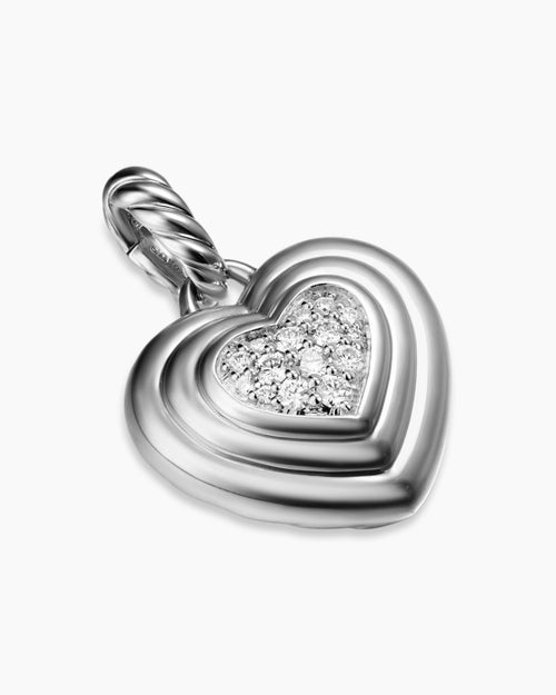 Womens Puffy Heart Amulet in Sterling Silver with Diamonds, 17mm