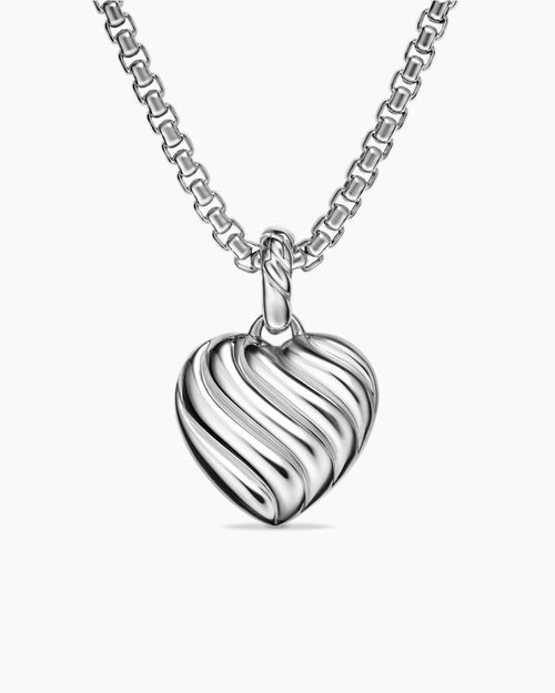 Womens Puffy Heart Amulet in Sterling Silver with Diamonds, 17mm