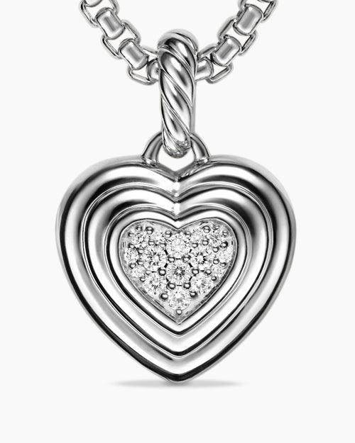 Womens Puffy Heart Amulet in Sterling Silver with Diamonds, 17mm