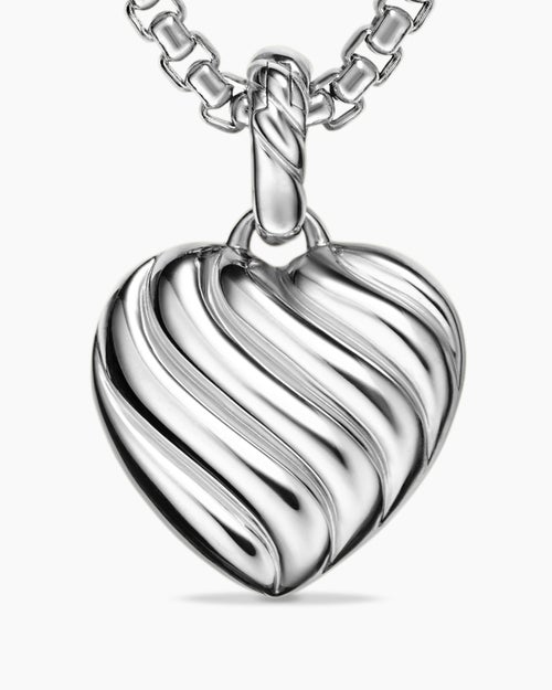 Womens Puffy Heart Amulet in Sterling Silver with Diamonds, 17mm