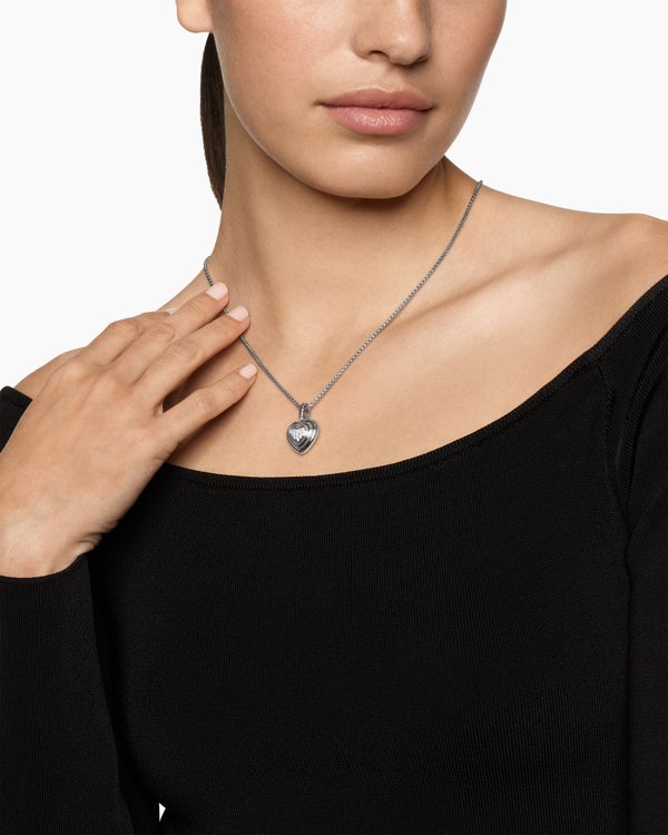 Puffy Heart Amulet in Sterling Silver with Diamonds, 17mm