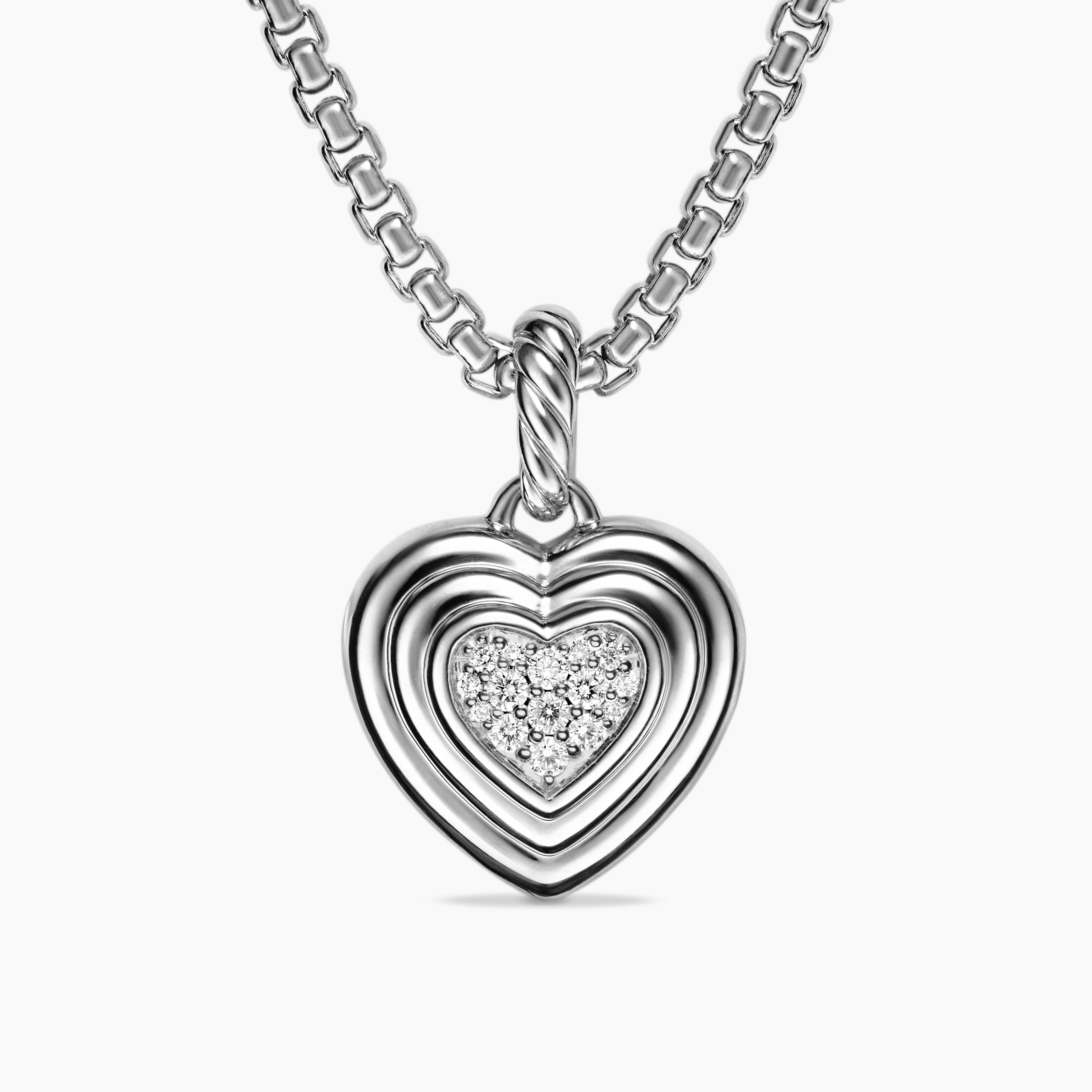 Womens Puffy Heart Amulet in Sterling Silver with Diamonds, 17mm