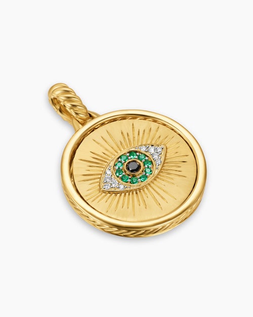 Womens Protection and Health Duality Pendant in 18K Yellow Gold with Dark Green Enamel, Emeralds and Diamonds, 22.3mm