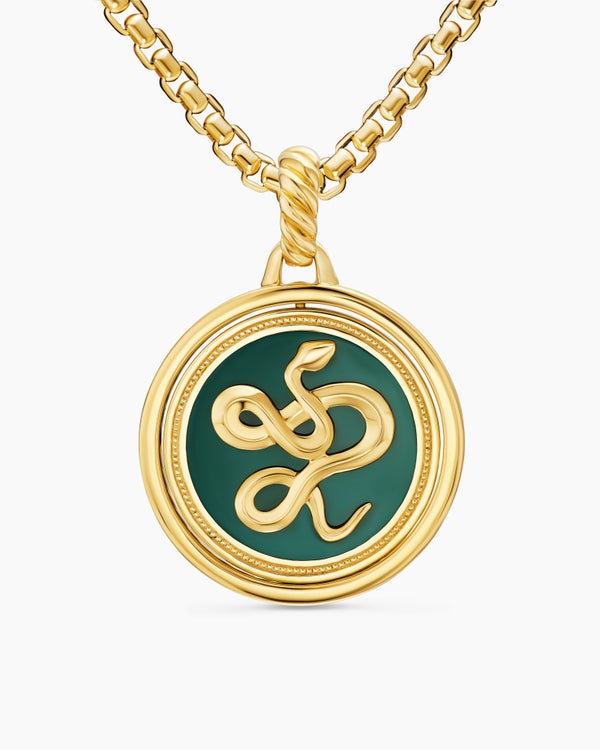 Protection and Health Duality Pendant in 18K Yellow Gold with Dark Green Enamel, Emeralds and Diamonds, 22.3mm