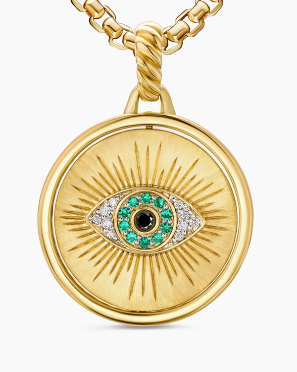 Protection and Health Duality Pendant in 18K Yellow Gold with Dark Green Enamel, Emeralds and Diamonds, 22.3mm
