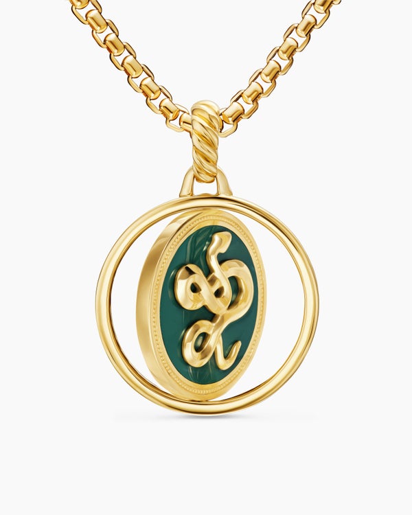 Protection and Health Duality Pendant in 18K Yellow Gold with Dark Green Enamel, Emeralds and Diamonds, 22.3mm