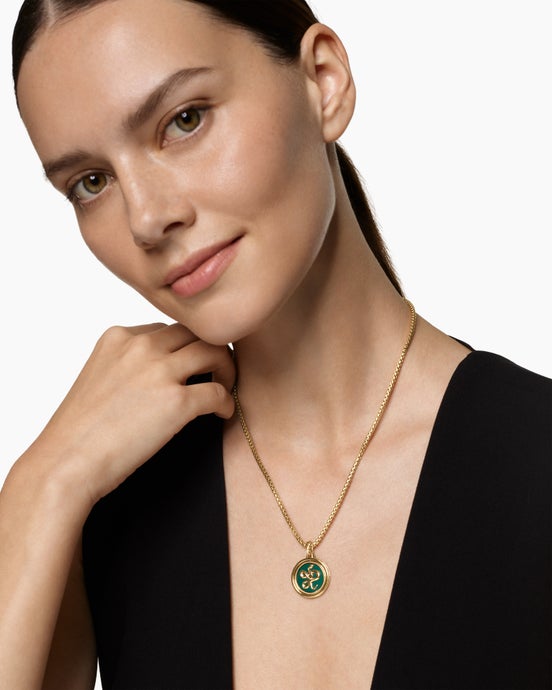 Protection and Health Duality Pendant in 18K Yellow Gold with Dark Green Enamel, Emeralds and Diamonds, 22.3mm