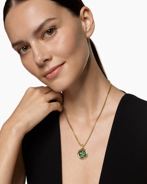 Womens Protection and Health Duality Pendant in 18K Yellow Gold with Dark Green Enamel, Emeralds and Diamonds, 22.3mm
