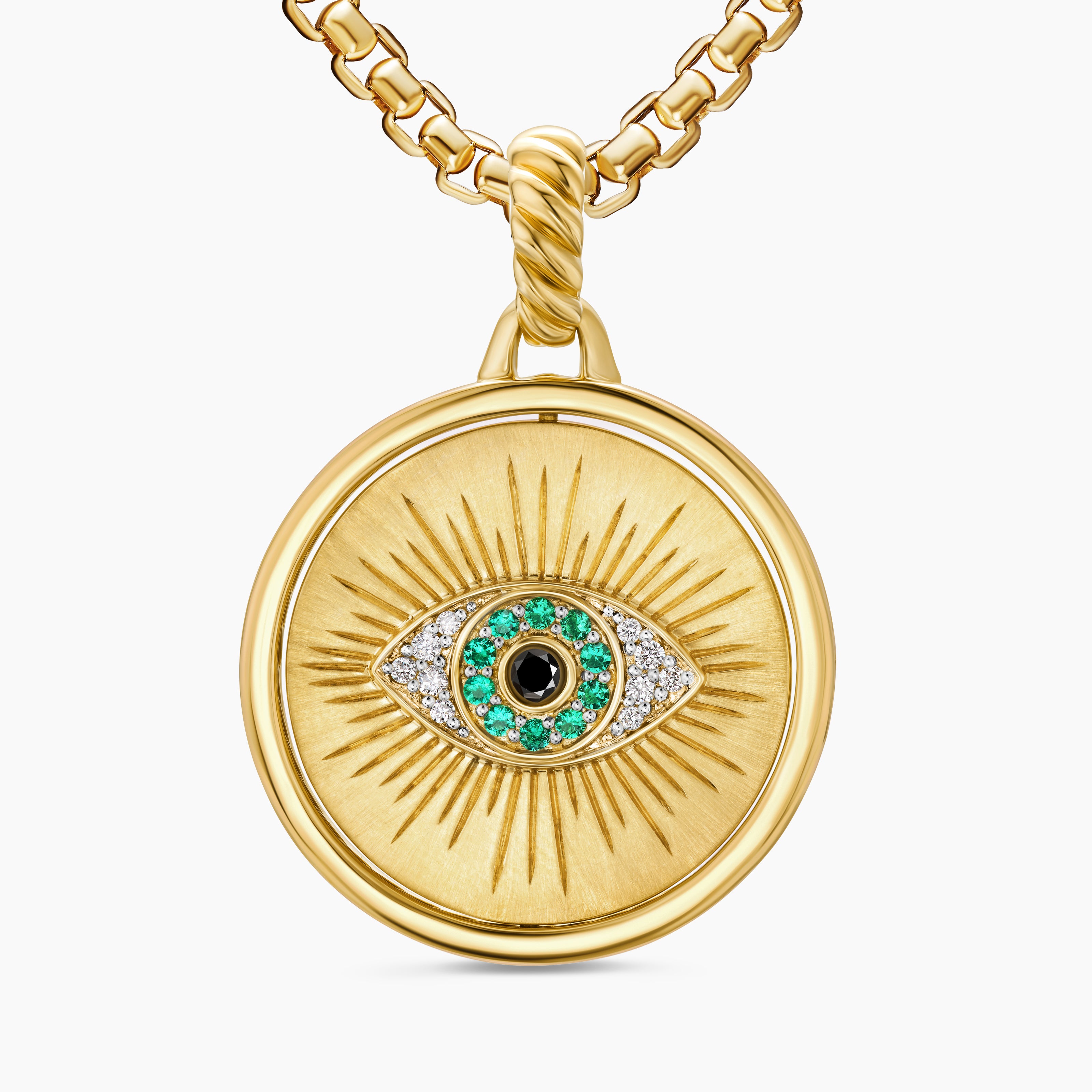 Womens Protection and Health Duality Pendant in 18K Yellow Gold with Dark Green Enamel, Emeralds and Diamonds, 22.3mm