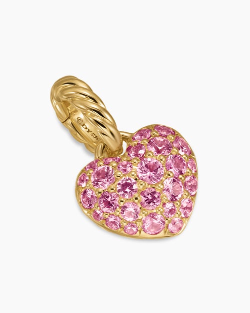 Womens Petite Pavé Heart Amulet in 18ct Yellow Gold with Pink Sapphires, 7.4mm