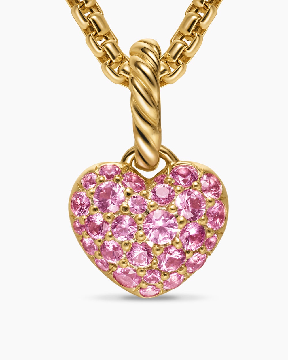 Womens Petite Pavé Heart Amulet in 18K Yellow Gold with Pink Sapphires, 7.4mm